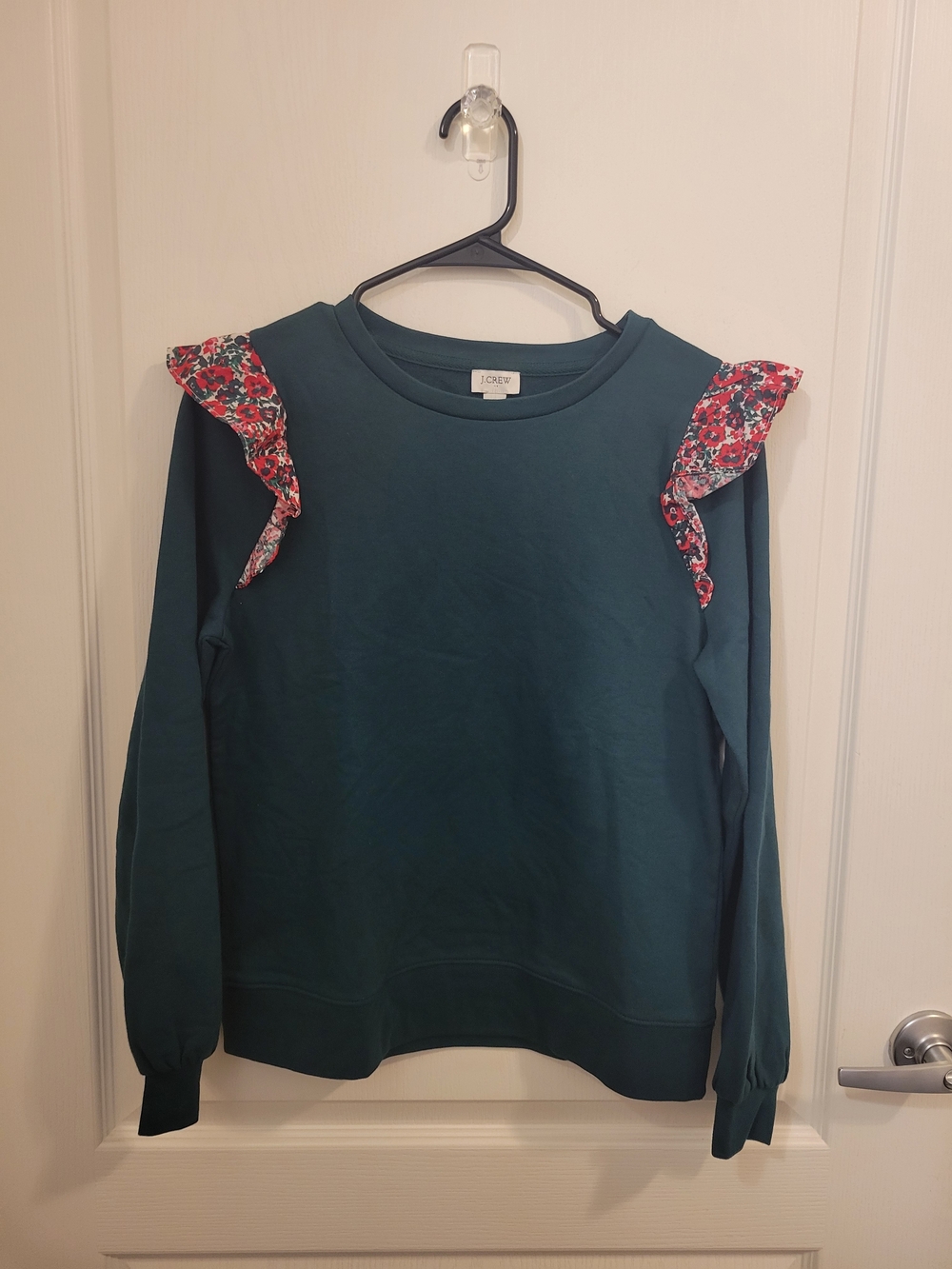 J. Crew Teal Green Sweatshirt with Floral Ruffle Shoulders